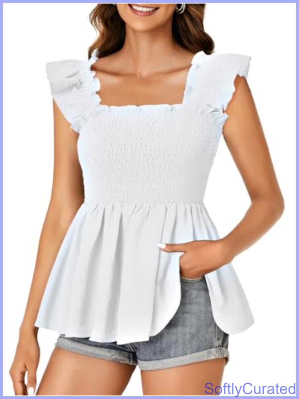 Smocked Square Neck Peplum Cami Blouse Ruffle Hem